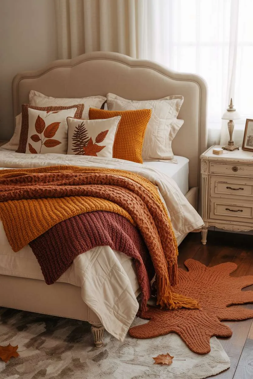 23 Cozy Fall Bedroom Decor Ideas for Instant Autumn Vibes 8 Cozy fall bedroom with cream bedding, leaf-patterned pillows, and textured autumn rug