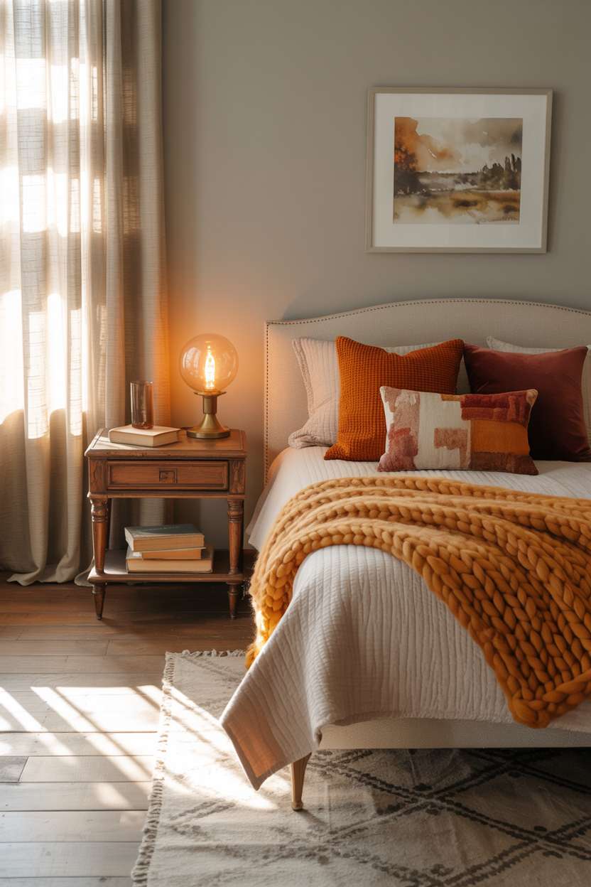 23 Cozy Fall Bedroom Decor Ideas for Instant Autumn Vibes 9 Warm fall bedroom with geometric patterned rug, cream bedding, and watercolor landscape art