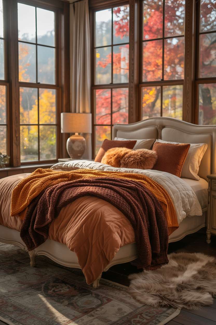 23 Cozy Fall Bedroom Decor Ideas for Instant Autumn Vibes 10 Cozy fall bedroom with layered autumn-colored bedding and vibrant tree views through large windows