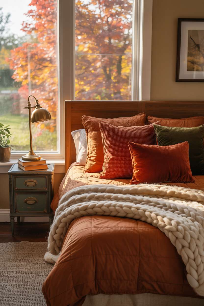 23 Cozy Fall Bedroom Decor Ideas for Instant Autumn Vibes 11 Fall bedroom with wooden headboard, olive green pillows, and maple tree view