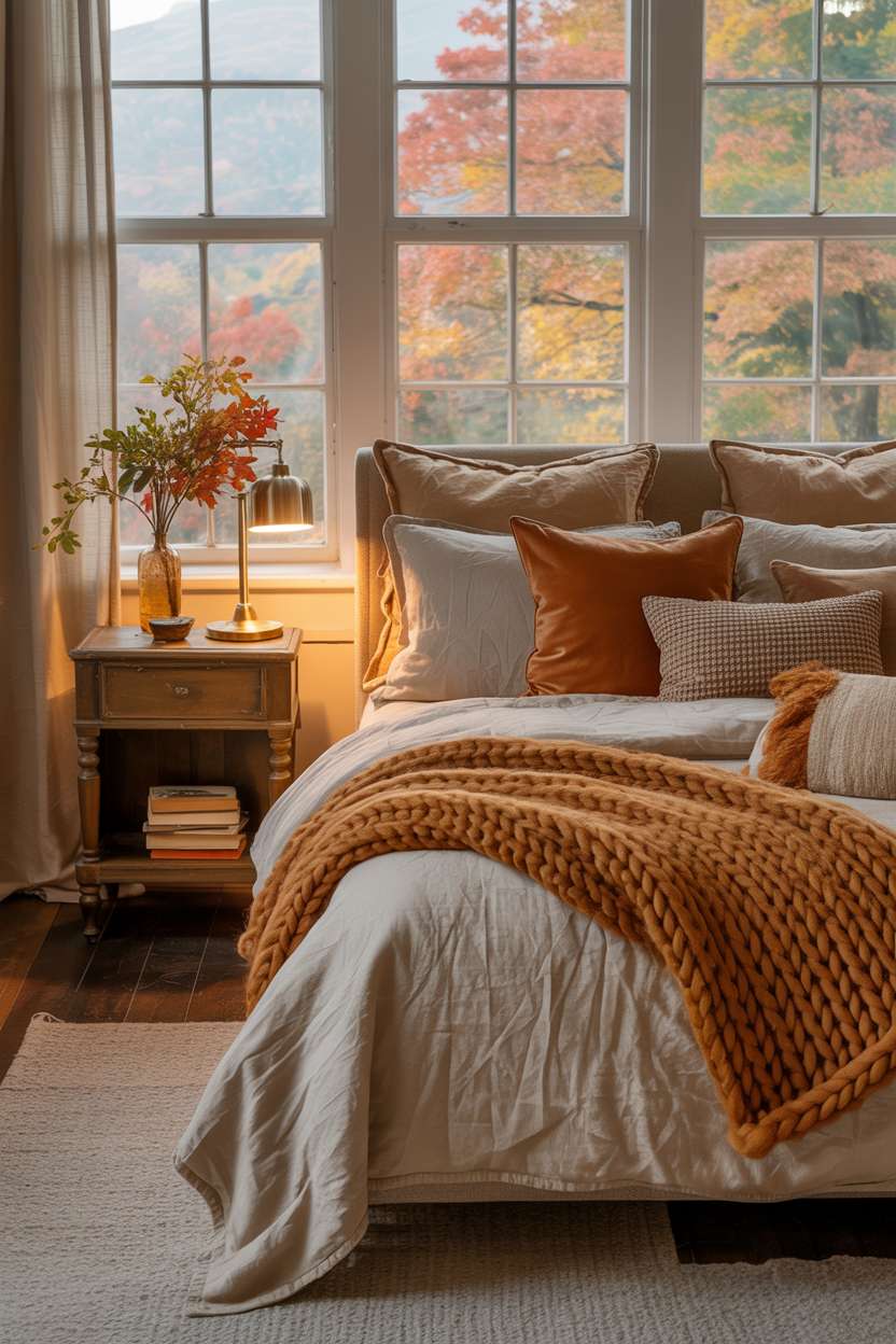 23 Cozy Fall Bedroom Decor Ideas for Instant Autumn Vibes 12 Complete fall bedroom layout with cream bedding, burnt orange throw, and autumn landscape window view