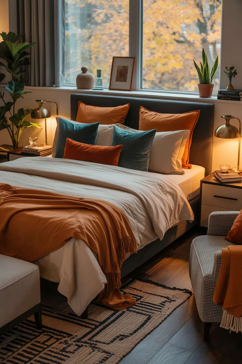 23 Cozy Fall Bedroom Decor Ideas for Instant Autumn Vibes 13 Modern fall bedroom with burnt orange, deep teal, and gray color scheme plus fiddle-leaf fig plant