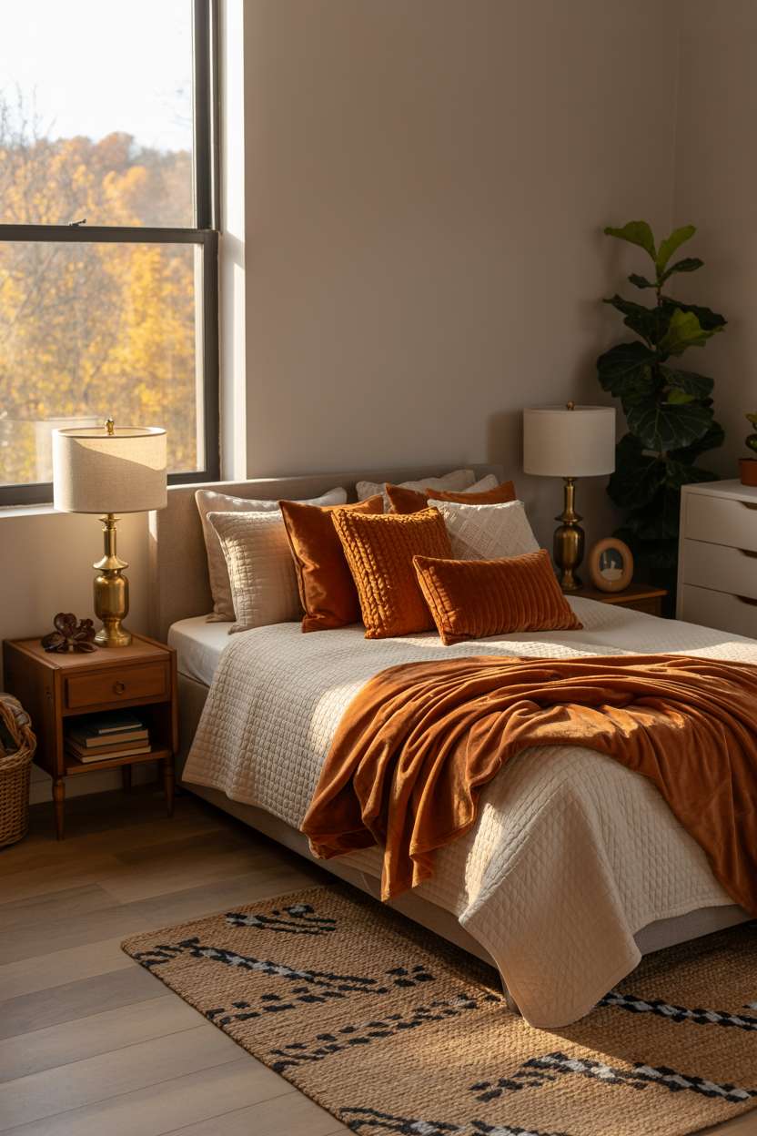 23 Cozy Fall Bedroom Decor Ideas for Instant Autumn Vibes 14 Modern cozy fall bedroom with cream duvet, burnt orange accents, and geometric rug