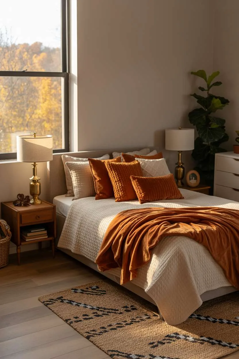 23 Cozy Fall Bedroom Decor Ideas for Instant Autumn Vibes 14 Modern cozy fall bedroom with cream duvet, burnt orange accents, and geometric rug