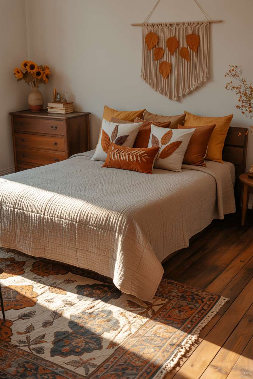 23 Cozy Fall Bedroom Decor Ideas for Instant Autumn Vibes 15 Fall bedroom with grey comforter, leaf-patterned pillows, and macrame wall hanging