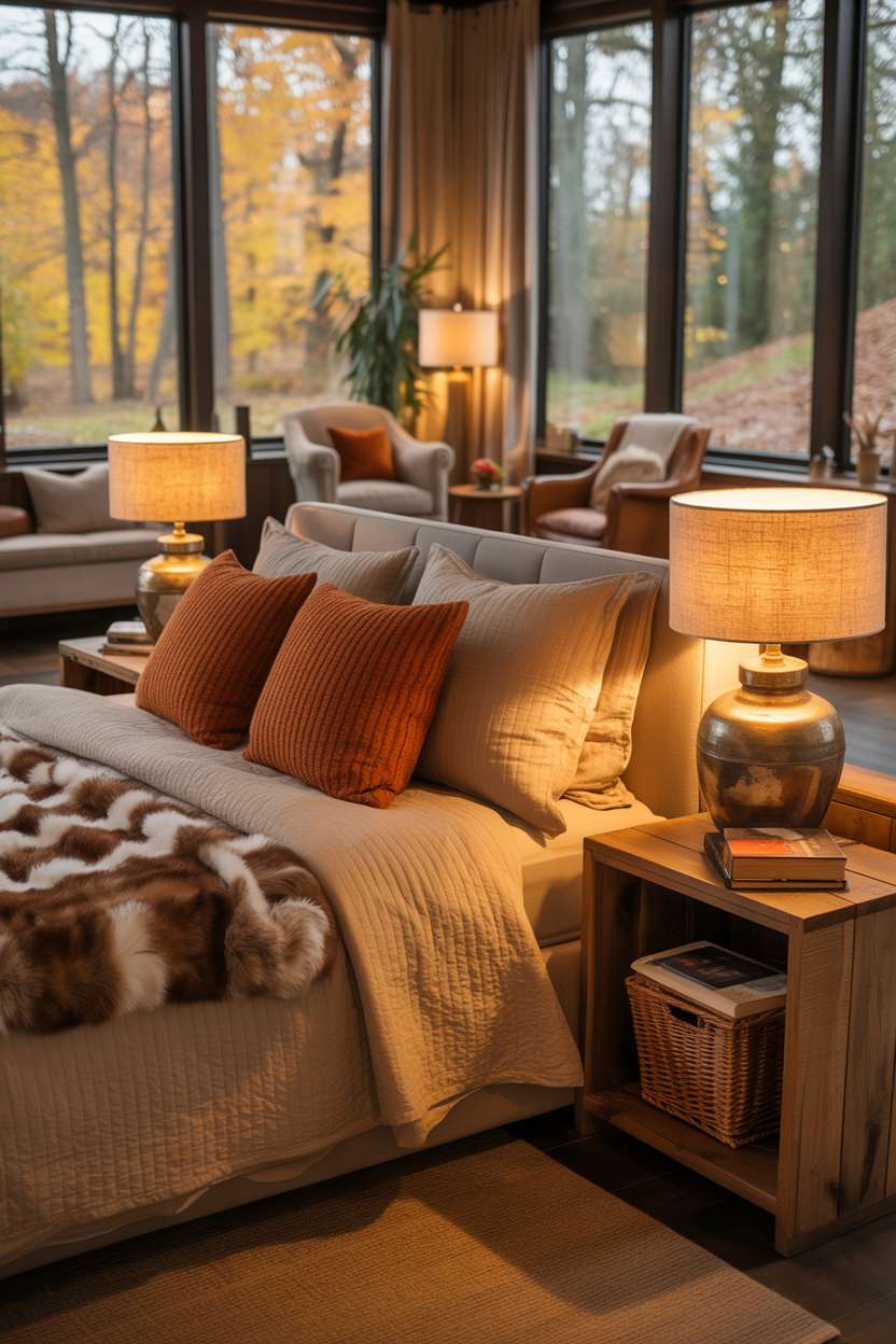23 Cozy Fall Bedroom Decor Ideas for Instant Autumn Vibes 16 Cozy bedroom with cream duvet, faux fur blanket, and forest view through large windows