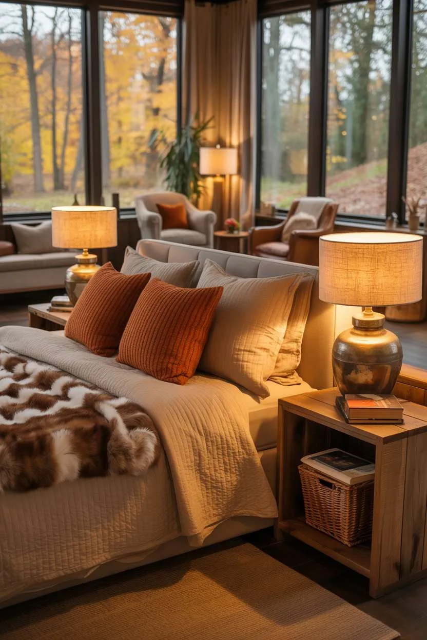 23 Cozy Fall Bedroom Decor Ideas for Instant Autumn Vibes 16 Cozy bedroom with cream duvet, faux fur blanket, and forest view through large windows