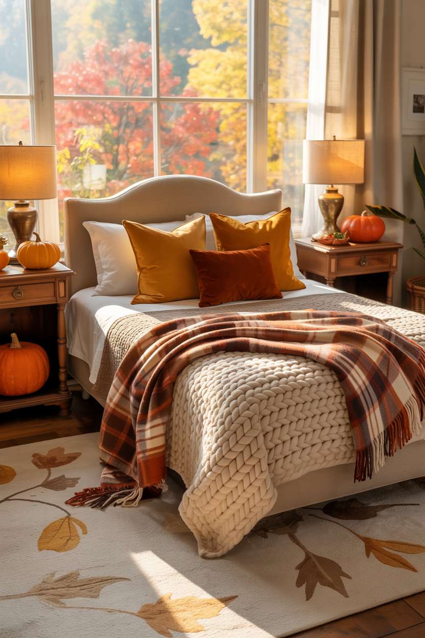 23 Cozy Fall Bedroom Decor Ideas for Instant Autumn Vibes 17 Fall bedroom with plaid throw blanket, ceramic pumpkins, and vibrant fall foliage view