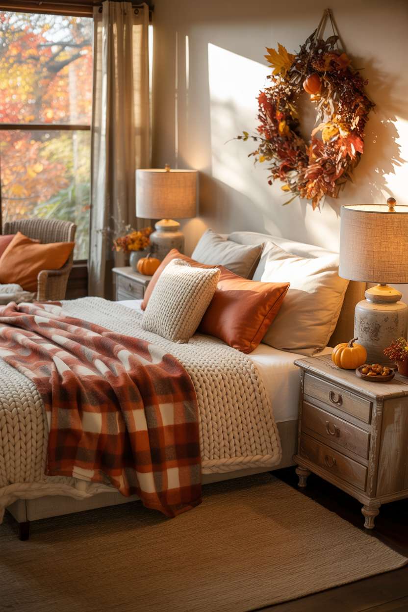 23 Cozy Fall Bedroom Decor Ideas for Instant Autumn Vibes 18 Cozy fall bedroom with autumn wreath, plaid bedding, and reading chair with wool throw