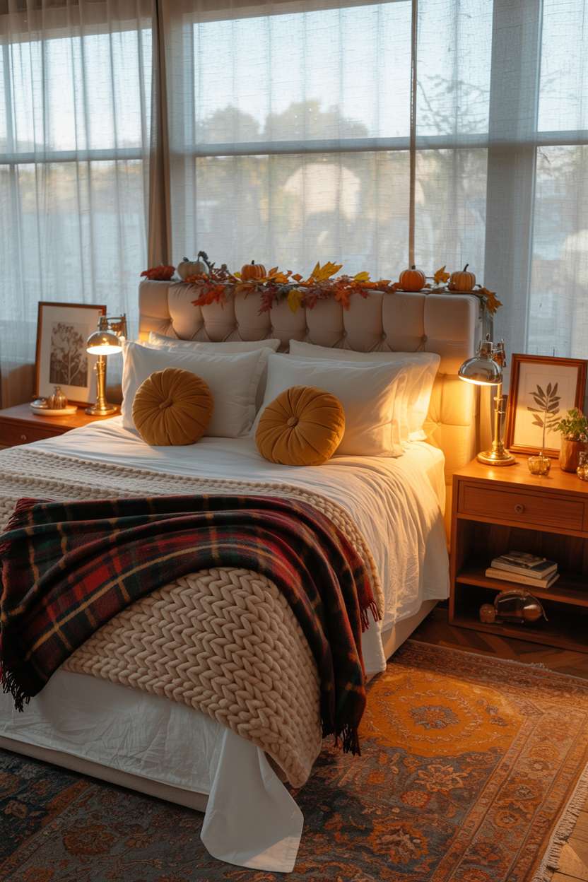 23 Cozy Fall Bedroom Decor Ideas for Instant Autumn Vibes 19 Fall bedroom with tufted velvet headboard, burgundy plaid throw, and pumpkin-shaped pillows