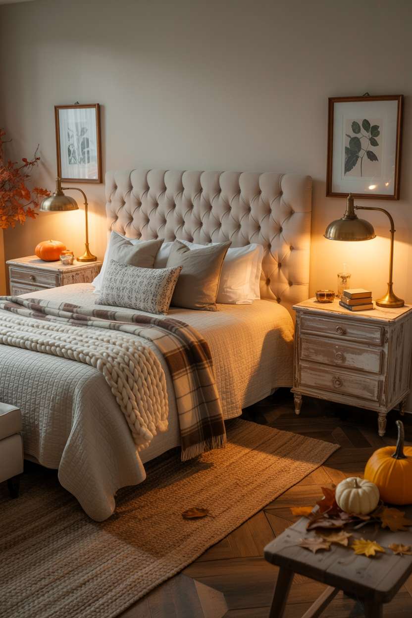 23 Cozy Fall Bedroom Decor Ideas for Instant Autumn Vibes 20 Cozy autumn bedroom with plush headboard, botanical prints, and scattered dried leaves