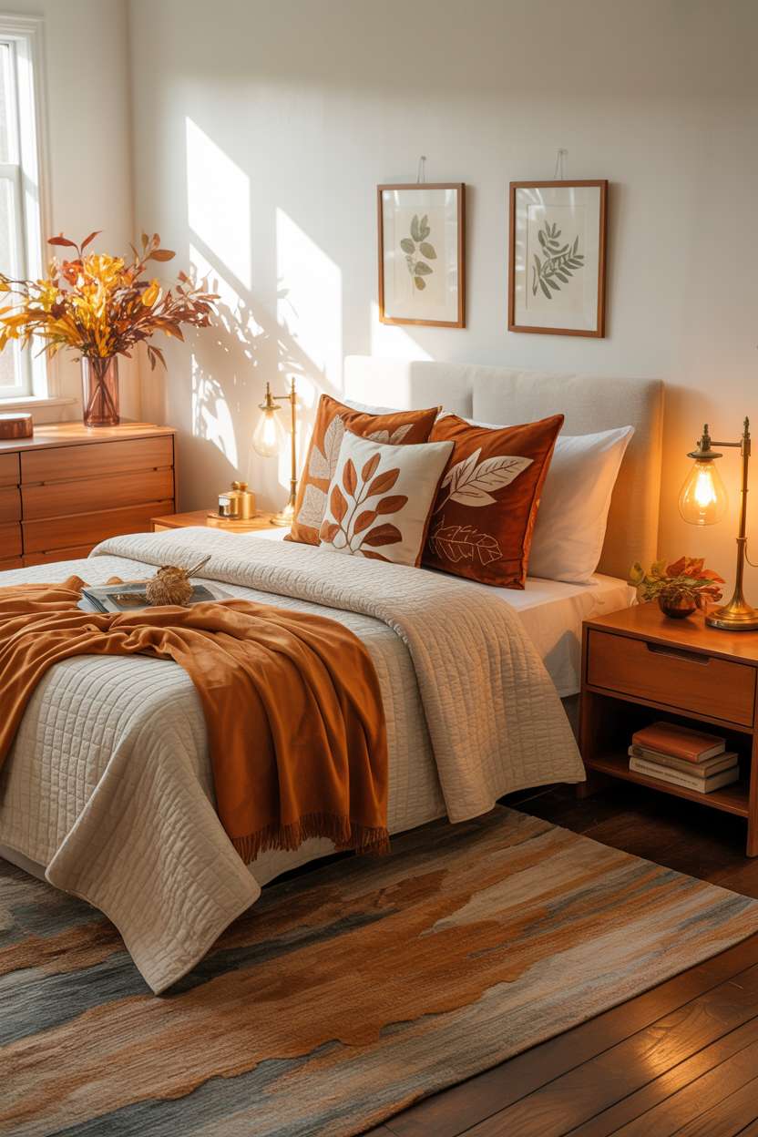 23 Cozy Fall Bedroom Decor Ideas for Instant Autumn Vibes 21 Fall bedroom with leaf-motif pillows, botanical prints, and autumnal foliage vase
