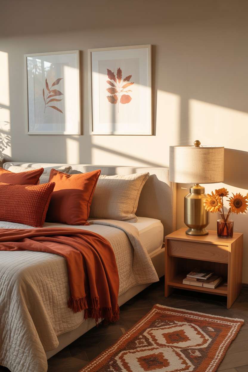 23 Cozy Fall Bedroom Decor Ideas for Instant Autumn Vibes 22 Cozy bedroom with cream duvet, burnt orange pillows, and minimalist fall foliage prints