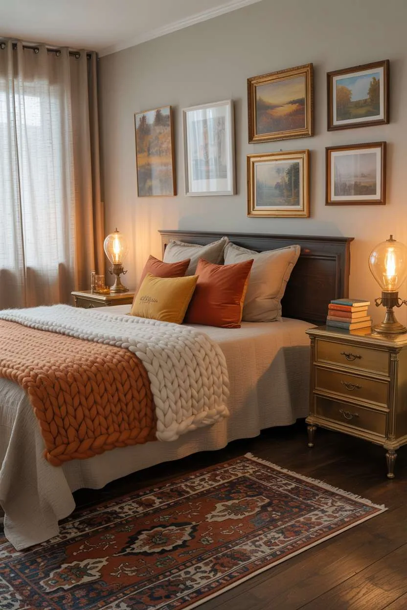 23 Cozy Fall Bedroom Decor Ideas for Instant Autumn Vibes 23 Fall bedroom with chunky knit blanket, antique brass nightstands, and landscape painting gallery wall