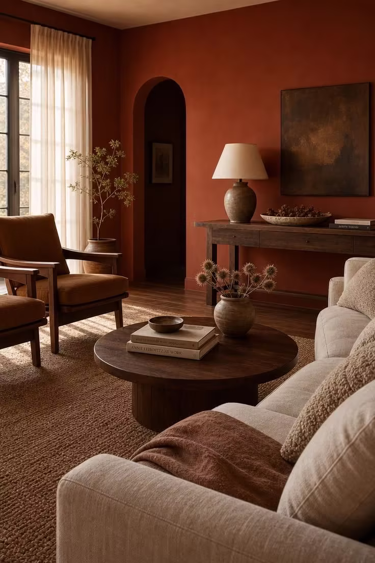 11 Cozy Fall Color Palette Ideas That Wrap Your Home in Warmth 1 A living room with burnt sienna walls, cream linen sofa, and aged walnut furniture bathed in soft afternoon light