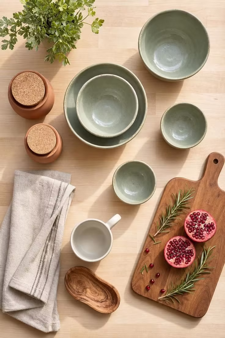 11 Cozy Fall Color Palette Ideas That Wrap Your Home in Warmth 2 An overhead view of a kitchen countertop with sage ceramic bowls, terracotta canisters, and linen on light maple