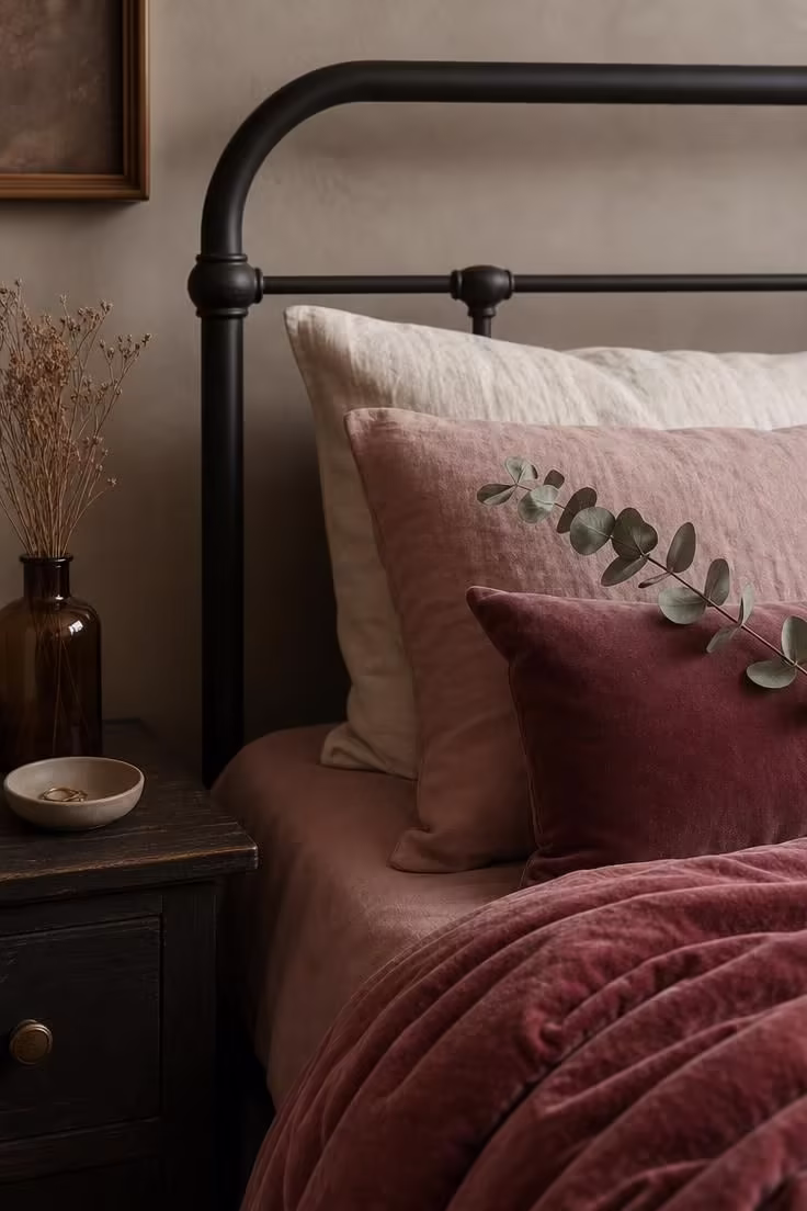 11 Cozy Fall Color Palette Ideas That Wrap Your Home in Warmth 3 A close-up of dusty rose linen bedding on a dark iron frame with dried eucalyptus on cream pillows