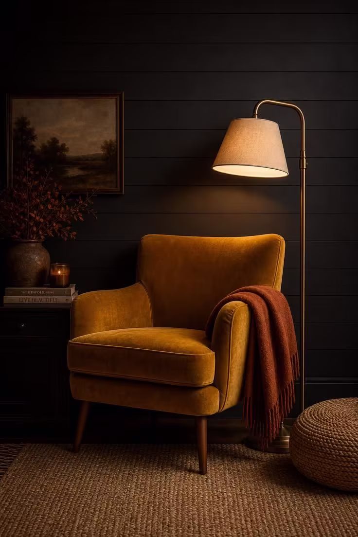 11 Cozy Fall Color Palette Ideas That Wrap Your Home in Warmth 4 A mustard velvet accent chair beside a brass floor lamp against a charcoal shiplap wall in moody low light
