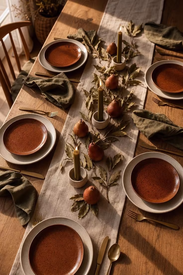 11 Cozy Fall Color Palette Ideas That Wrap Your Home in Warmth 5 An overhead view of a dining table set with cream stoneware, rust plates, olive napkins, and dried bay leaves in warm light