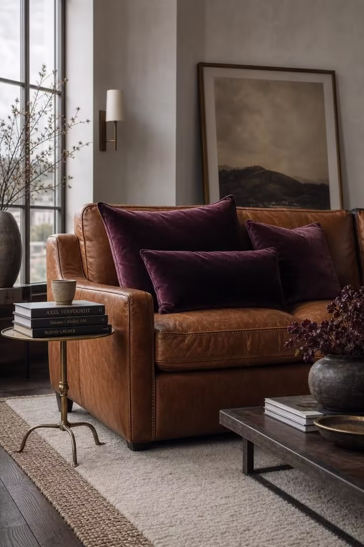 11 Cozy Fall Color Palette Ideas That Wrap Your Home in Warmth 6 Plum velvet pillows arranged on a worn camel leather sofa beside a brass side table under cool overcast light