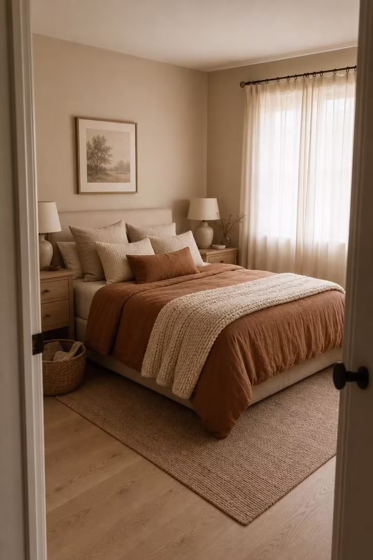 11 Cozy Fall Color Palette Ideas That Wrap Your Home in Warmth 7 A wide view of a bedroom in oatmeal, cinnamon, and ivory tones with linen bedding and soft diffused light