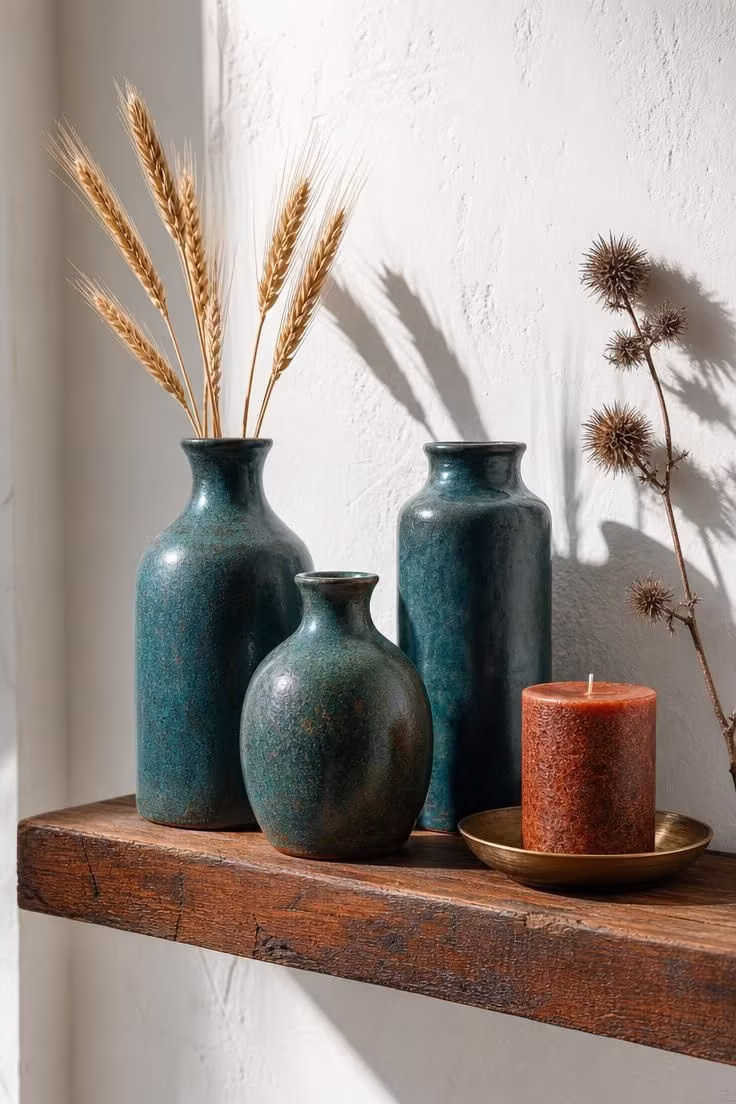11 Cozy Fall Color Palette Ideas That Wrap Your Home in Warmth 8 Three teal ceramic vases and dried wheat on a rust-stained wooden shelf in bright midday light