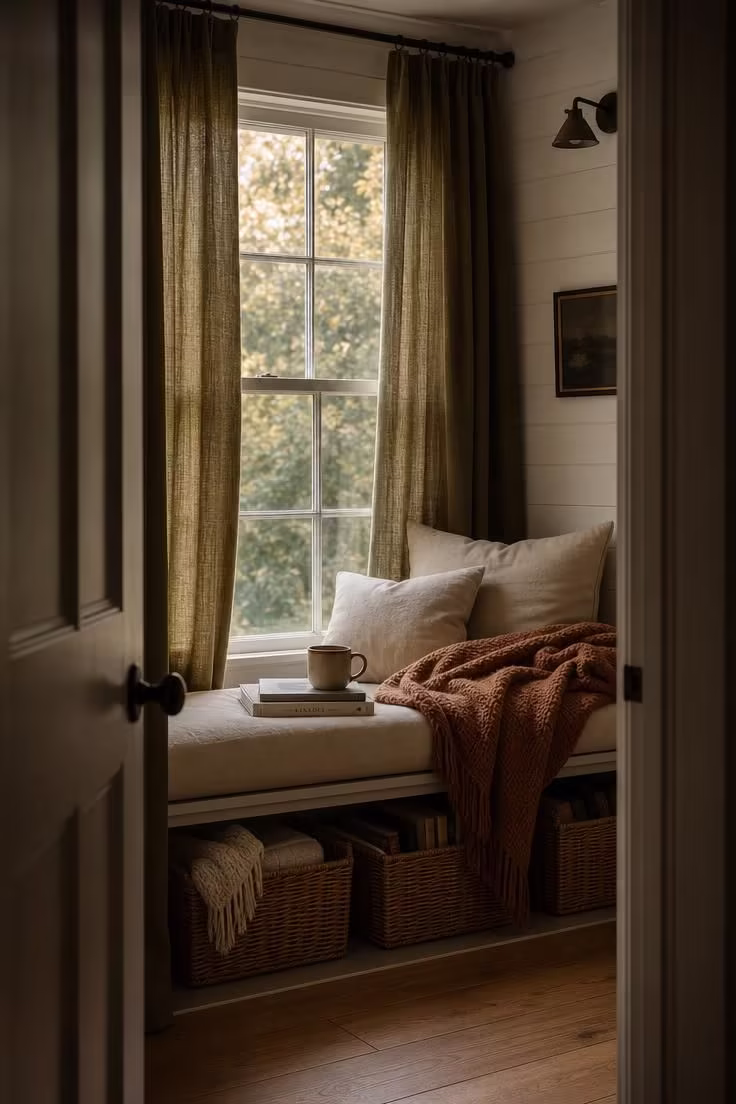 11 Cozy Fall Color Palette Ideas That Wrap Your Home in Warmth 9 A doorway view into a window seat framed by olive linen curtains with a copper knit throw in fading afternoon light