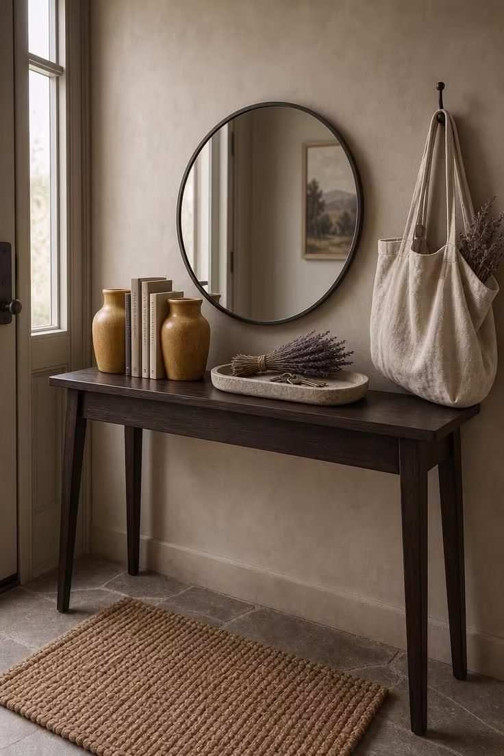11 Cozy Fall Color Palette Ideas That Wrap Your Home in Warmth 10 An entryway console with saffron ceramic vessels and dried lavender on a shallow stone tray under even overcast light