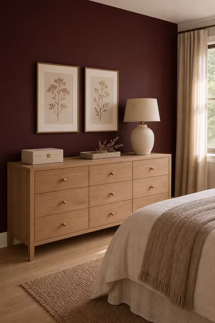 11 Cozy Fall Color Palette Ideas That Wrap Your Home in Warmth 11 A merlot accent wall behind a white oak dresser with linen accessories and brass details in warm afternoon light