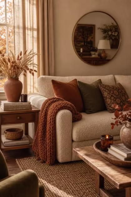 11 Cozy Fall Color Palette Ideas That Wrap Your Home in Warmth A cozy living room corner with cream sofa, rust and olive pillows, walnut furniture, and warm afternoon light in a full fall color palette