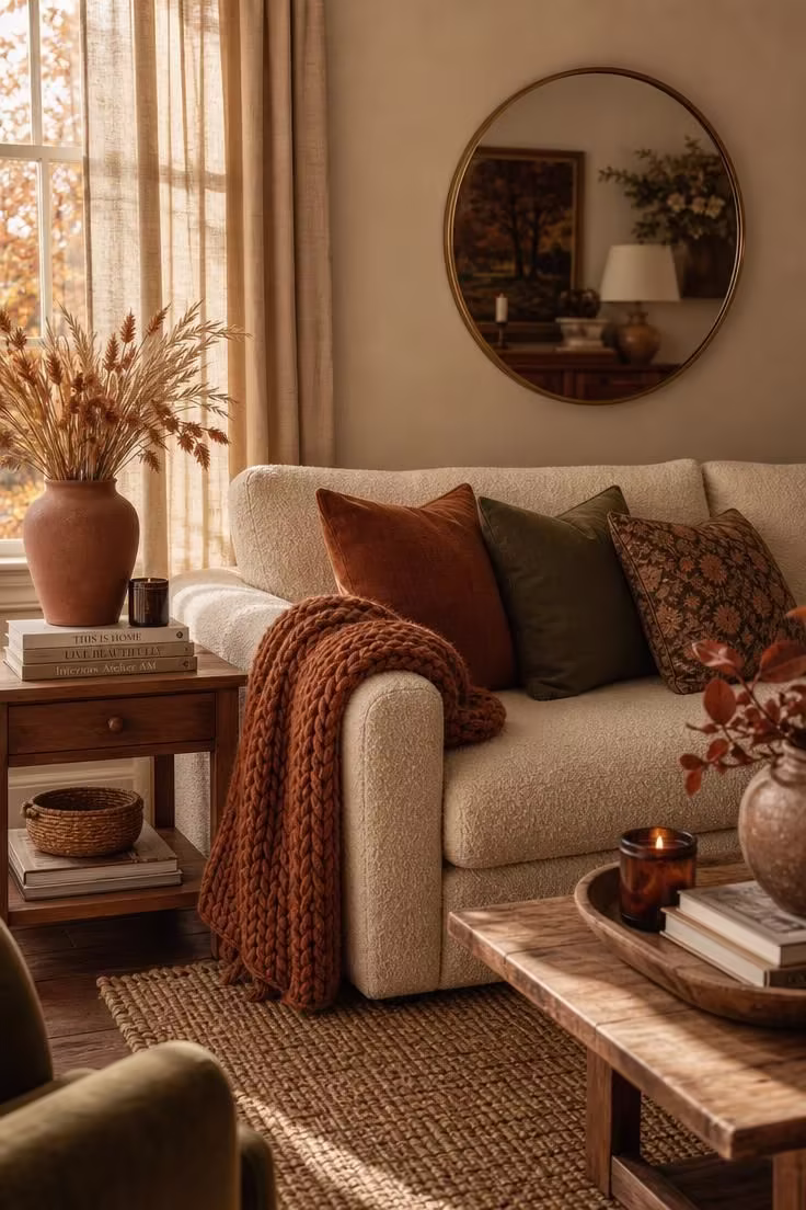 Simple Spaces 20 A cozy living room corner with cream sofa, rust and olive pillows, walnut furniture, and warm afternoon light in a full fall color palette