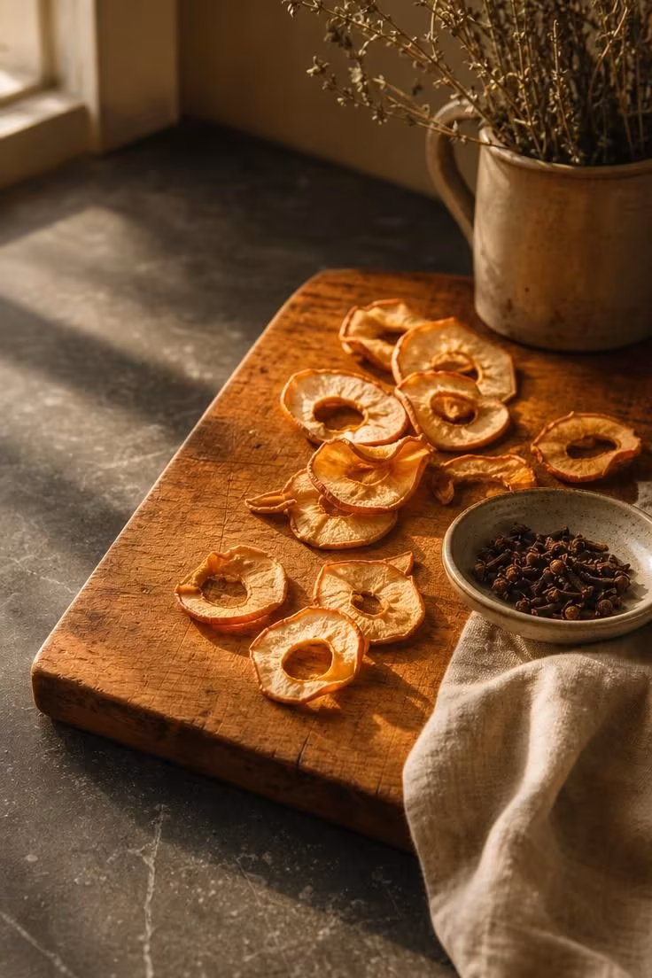 A cider-stained maple cutting board with dried apple rings and cloves on a dark soapstone counter in warm afternoon light.