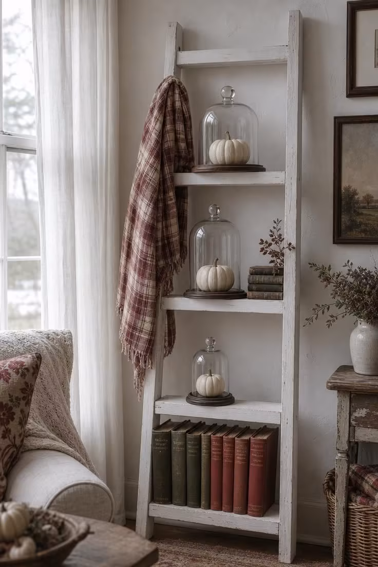A white painted ladder shelf with glass cloches covering white miniature pumpkins, flannel draped over a rung, in cool overcast morning light.