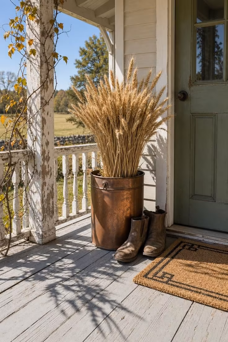 A tarnished copper bucket filled with dried wheat sheaves beside worn leather boots on a pale gray fall cottage porch in bright midday light.