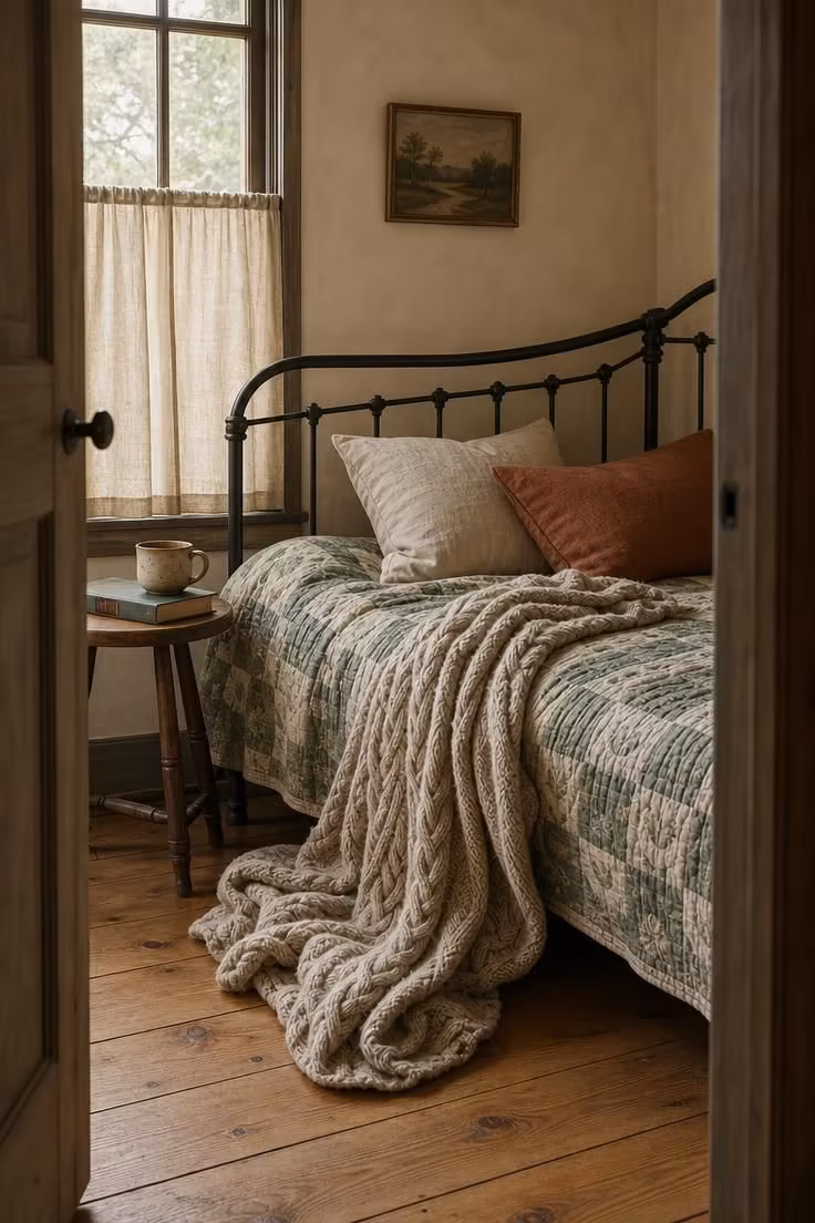 A cable-knit wool throw in oatmeal cascading off a painted black iron daybed in a cottage bedroom with soft diffused afternoon light.