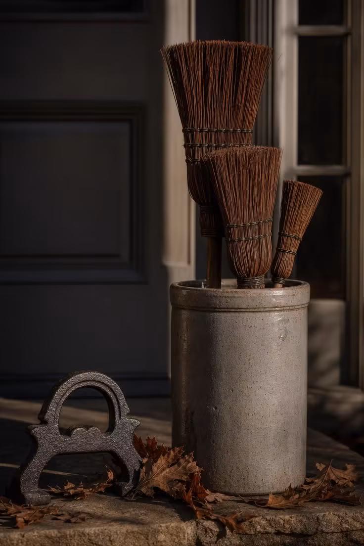 A salt-glazed stoneware crock holding cinnamon brooms beside a cast-iron boot scraper on flagstone steps in low late-afternoon light.