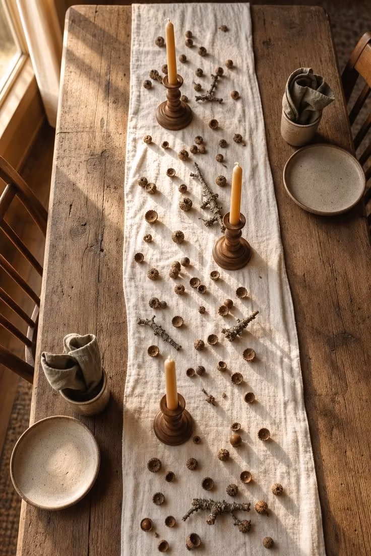 An overhead view of a weathered oak cottage dining table with a muslin runner, scattered acorn caps, beeswax tapers, and stoneware place settings.