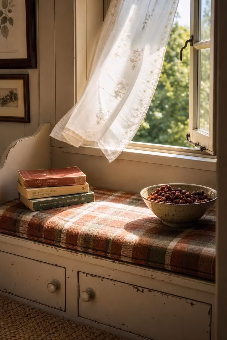 A plaid wool seat cushion in rust and cream on a painted pine window bench with dried rose hips and books in bright midday light.