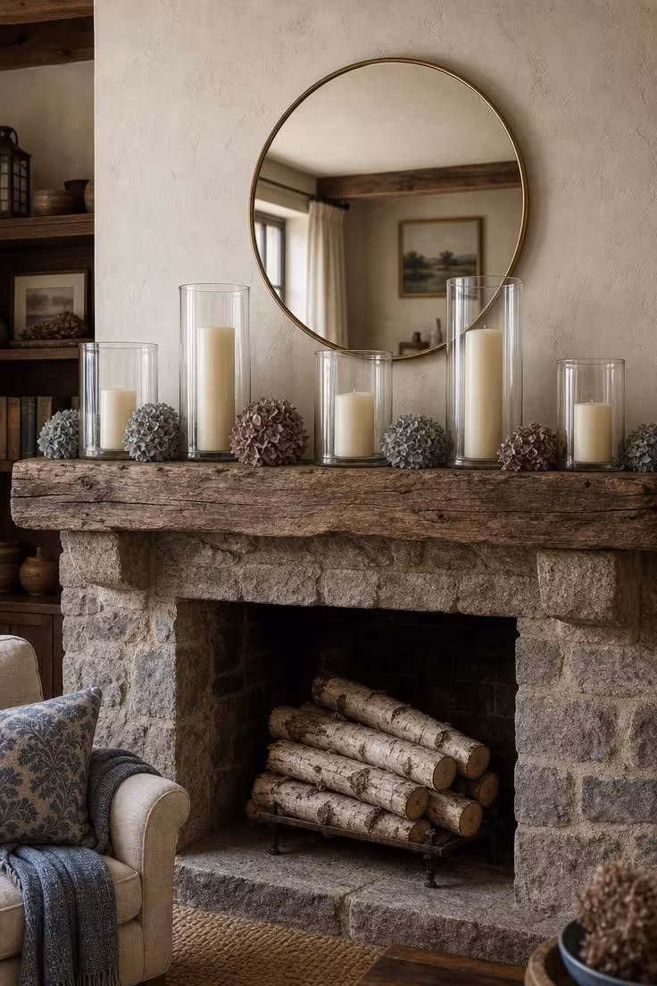 A grouping of glass hurricane lanterns with dried hydrangea blooms on a rough-hewn timber mantel shelf above a stone fireplace in soft diffused light.