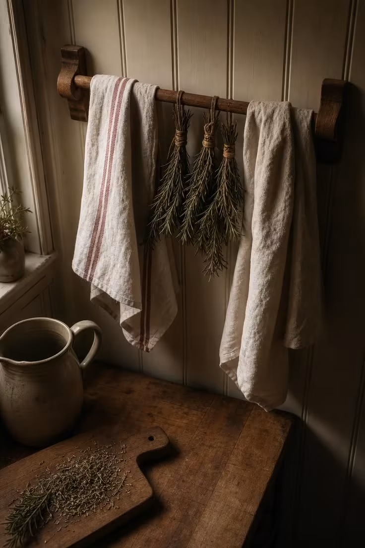 A wooden towel rack with linen flour-sack towels and dried rosemary bundles on a cream beadboard wall in a moody low-light cottage kitchen.