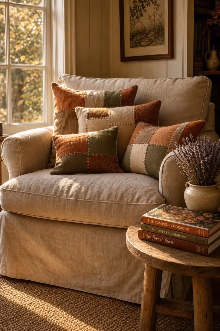 A pile of hand-stitched patchwork pillows in autumn fabrics on a slipcovered linen armchair with warm late-afternoon light in a cottage living room.