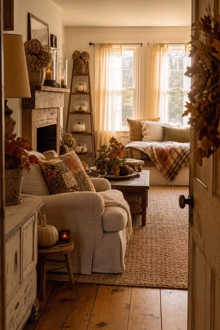Simple Spaces 17 A cottage living room layered for fall with patchwork pillows, glass hurricane lanterns, white pumpkins under cloches, and warm afternoon light streaming through sheer curtains.