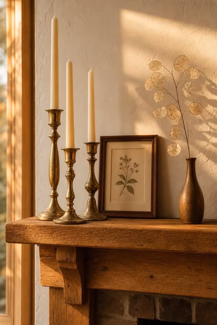 10 Cozy Fall Decor Ideas on a Budget for Every Room 1 Three mismatched thrifted brass candlesticks with cream taper candles on a wooden mantel styled for fall