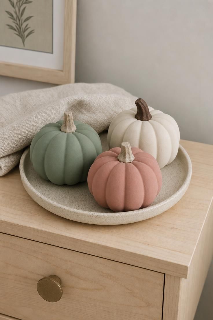 10 Cozy Fall Decor Ideas on a Budget for Every Room 2 Painted dollar-store foam pumpkins in matte sage and dusty rose on a nightstand tray