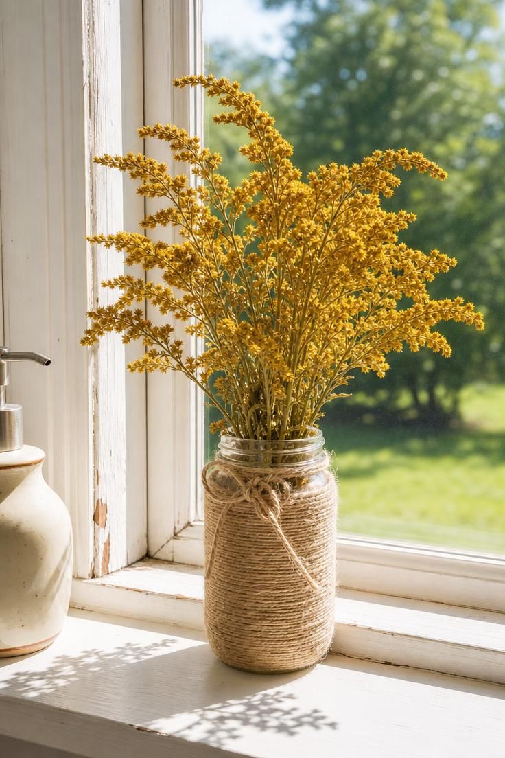 10 Cozy Fall Decor Ideas on a Budget for Every Room 3 A twine-wrapped mason jar holding dried goldenrod on a bright kitchen windowsill