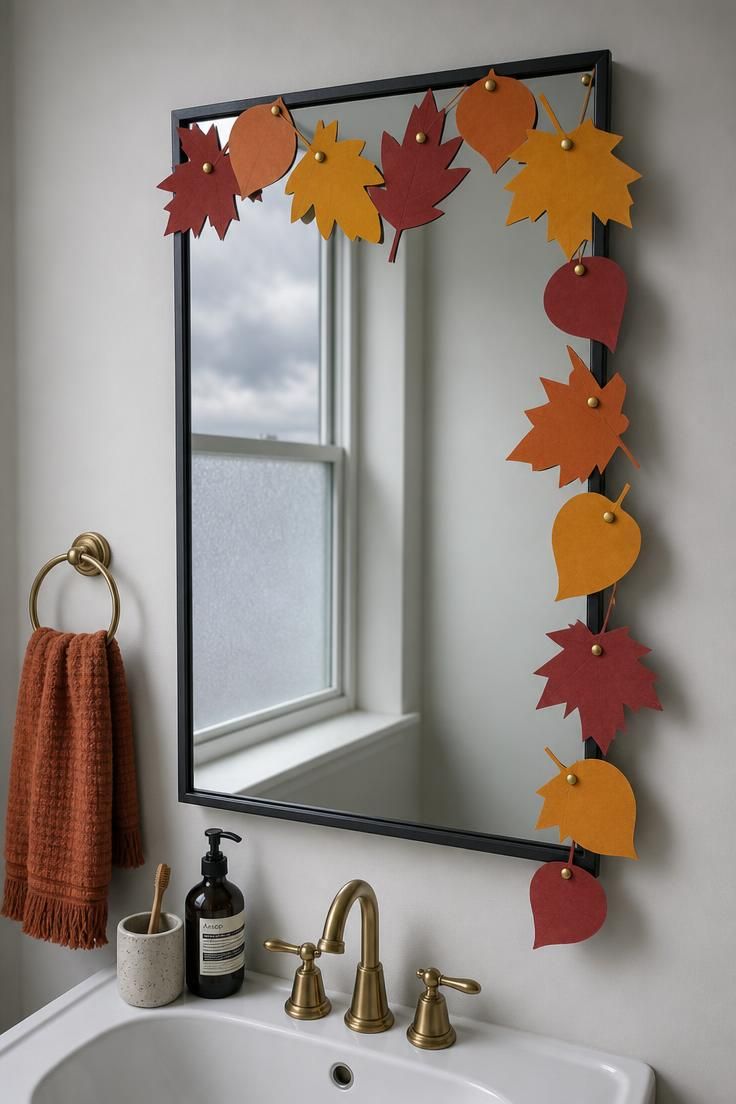 10 Cozy Fall Decor Ideas on a Budget for Every Room 4 A craft-paper leaf garland pinned along a bathroom mirror frame with brass push pins