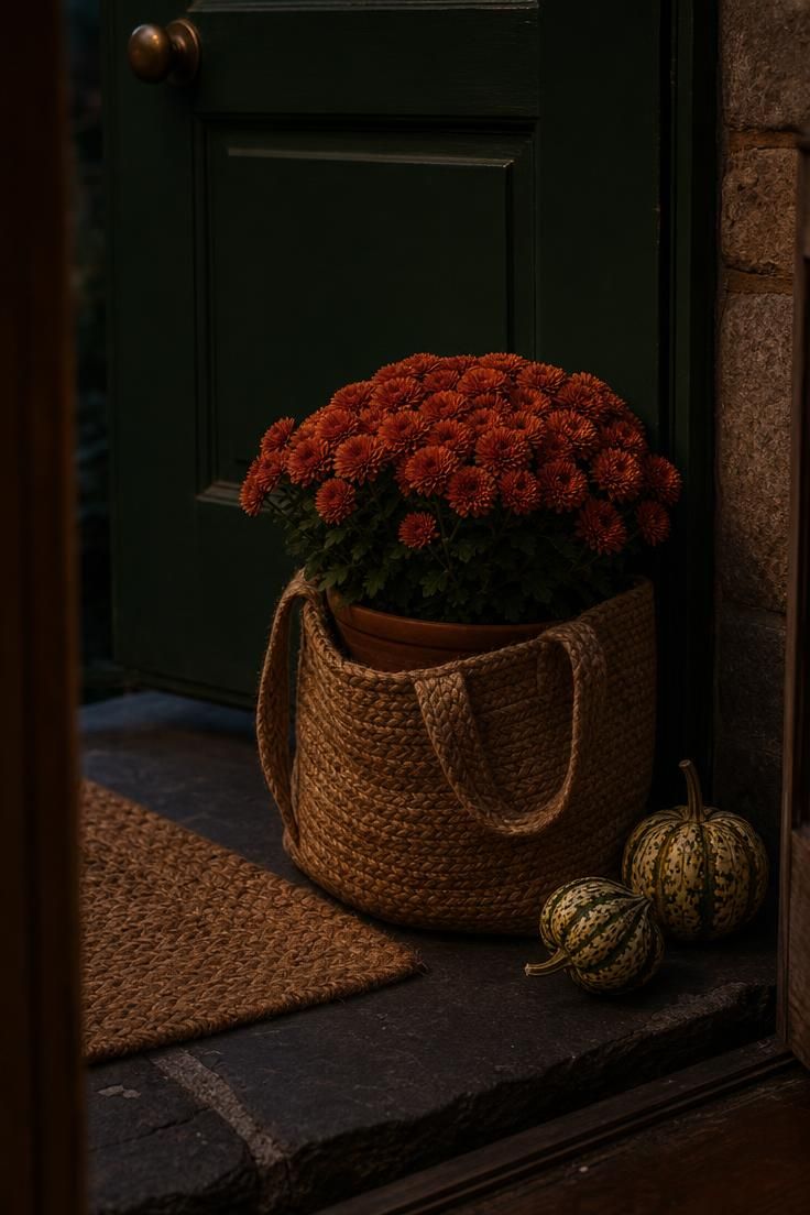 10 Cozy Fall Decor Ideas on a Budget for Every Room 5 A grocery-store mum in a clay pot nested in a woven tote bag on a front porch step
