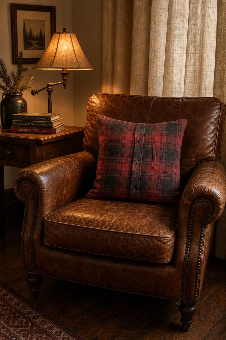 10 Cozy Fall Decor Ideas on a Budget for Every Room 6 A plaid flannel pillow made from a repurposed shirt on a cognac leather armchair