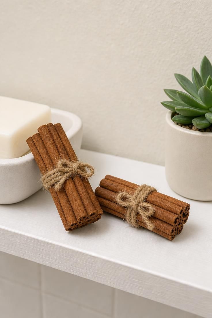 10 Cozy Fall Decor Ideas on a Budget for Every Room 7 Cinnamon stick bundles tied with hemp cord on a white floating shelf