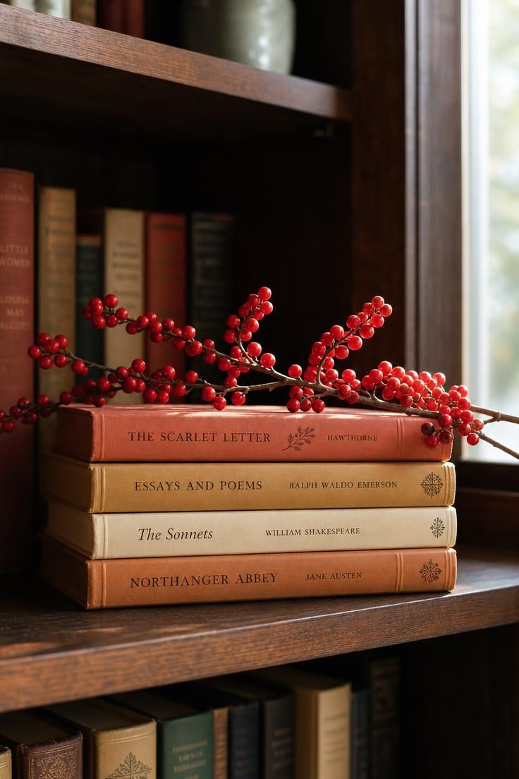 10 Cozy Fall Decor Ideas on a Budget for Every Room 8 A foraged branch of red winterberries laid across a stack of warm-toned books on a shelf